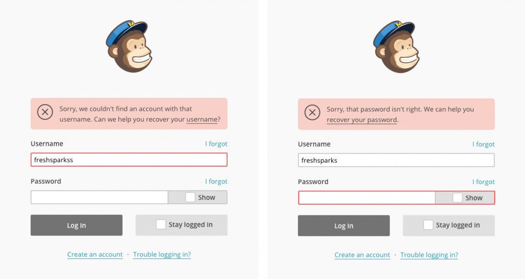 Login error messages UX: MailChimp