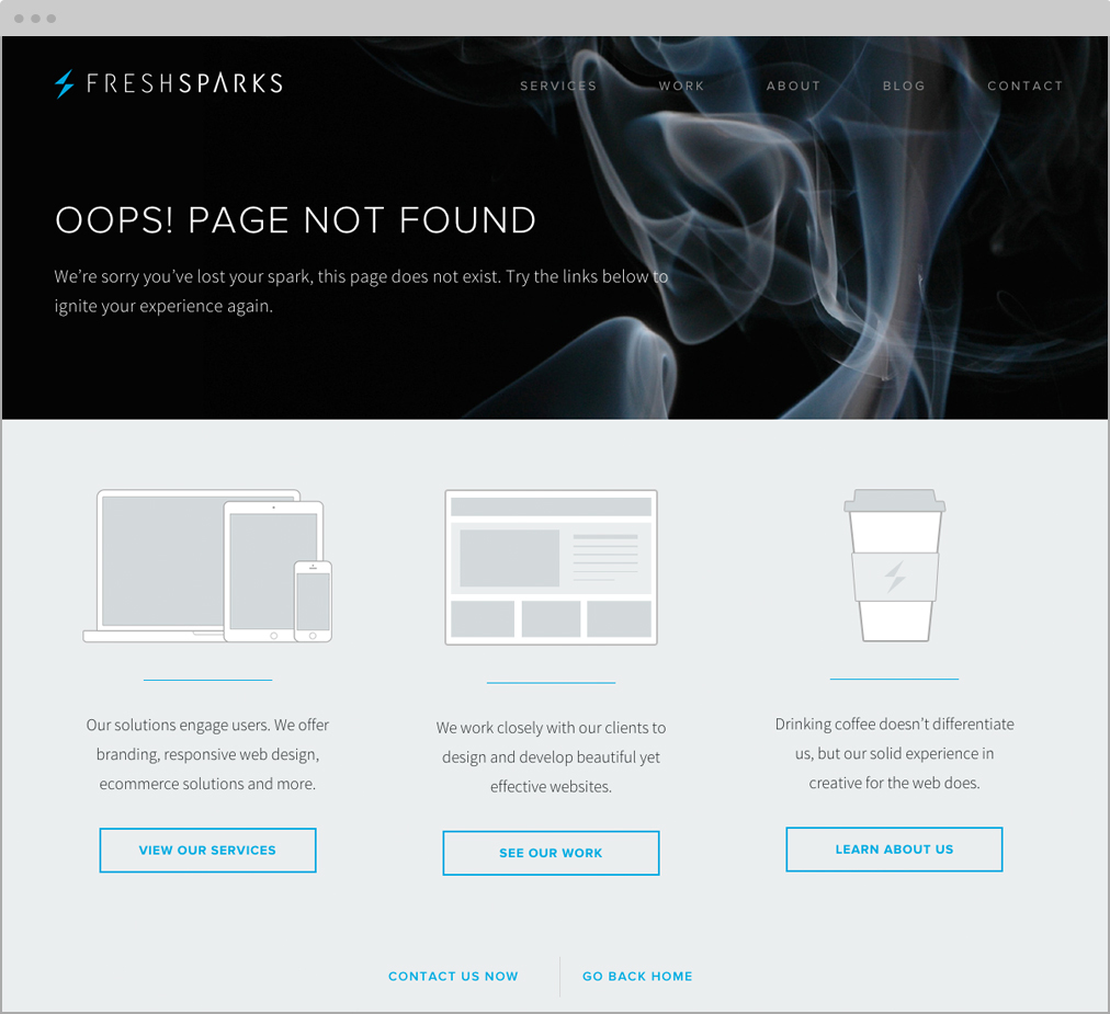 404 Page Error Messages Best Practices: FreshSparks Website 